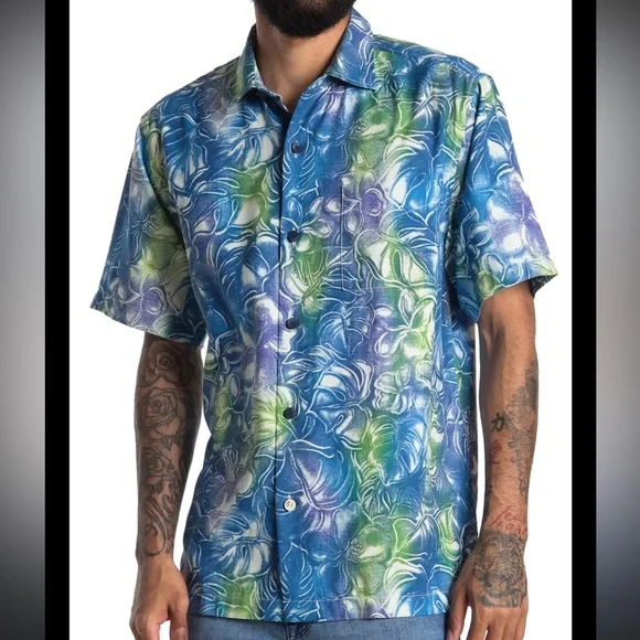 Tommy Bahama Mens Short Sleeve Silk Shirt Floral Hazy Hibiscus Blue Green $150 L - Picture 1 of 5